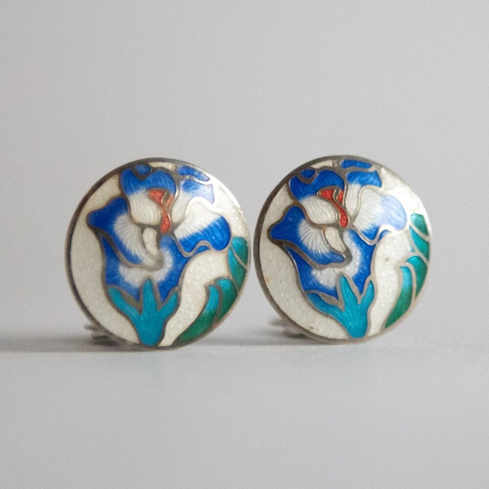Vintage Chunky Cloisonne Clip On Earrings | Iris Flower Floral Round